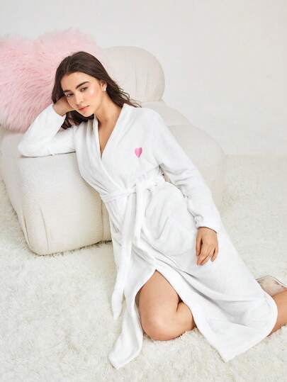 Bonmuse 1件女士法兰绒纯色优雅V领长袖收腰睡袍，秋冬季，适合秋冬季穿着，蓬松柔软