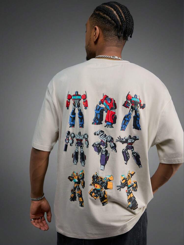 Transformers X SHEIN 男士休闲日常通勤时尚街头卡通机器人印花宽松短袖T恤，夏季 - 卡其色 - 查看 4