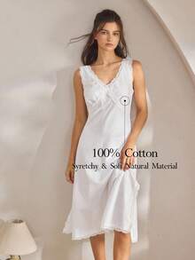 Ocili 舒适棉质简约蕾丝女士睡袍 - 白色 - 查看 1