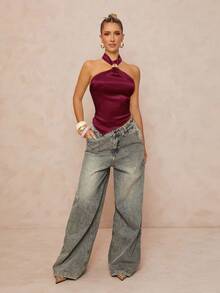 Lumalex Áo tank top satin cổ yếm không lưng, trang trí kim loại, có ruy băng treo, dành cho nữ, màu đỏ, thích hợp cho Giáng sinh. - Màu Đỏ Sâu - Xem 3