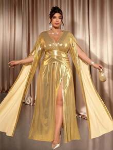 Cravure Plus Size Metallic Swan Velvet V-Neck Wrap Dress With Long Sleeves, Side Slit, Elegant For Party, Banquet, Date, Gathering
