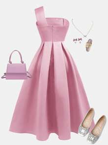 SHEIN Girlism Váy xếp ly màu hồng cho bé gái tuổi mới lớn, thanh lịch cho ngày lễ, tiệc tùng, đám cưới, trở lại trường - Hồng - Xem 2