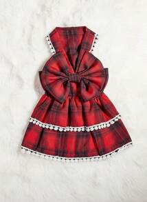 PETSIN 1 件宠物圣诞红色格子蝴蝶结蕾丝甜美风格狗狗连衣裙 - 紅色 - 查看 2
