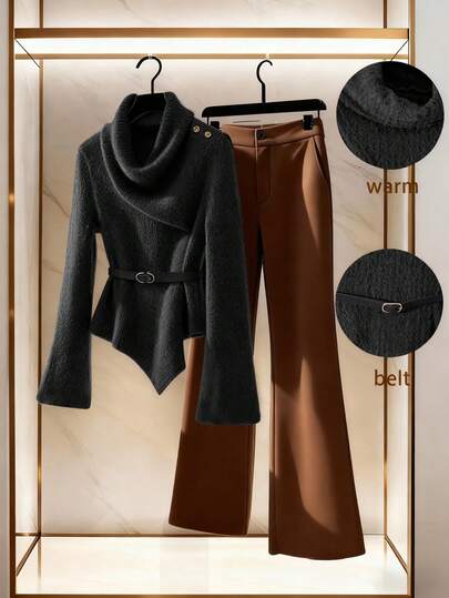 Franclia 两件套女士套装，带腰带装饰扣喇叭裤