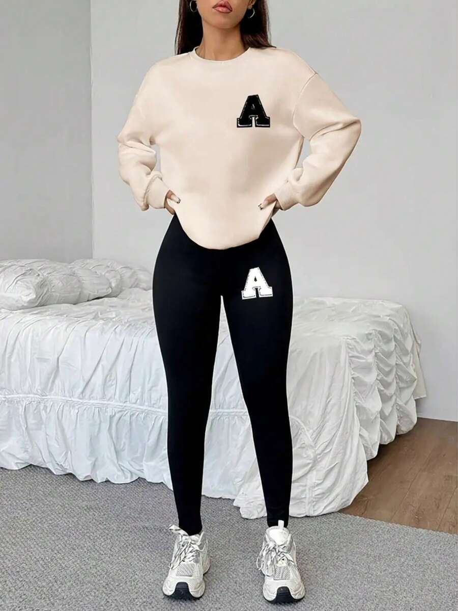 Conjunto casual mujer estilo americano con letras estampadas ajuste ceñido cuello redondo manga larga primavera otoño para ocasión diaria - Beis - Ver 1