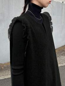 FRIFUL Women's Solid Color V-Neck Mesh Patchwork Ruffle Hem Straight Casual Dress