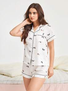 Bonmuse 2pcs/Set Print Women Pajama Set, Lightweight Bubble Crepe Short Sleeve Collared Cardigan Top And Loose Shorts, Casual Sleepwear And Loungewear Set, Suitable For All Seasonsfor Summer - White - View 3