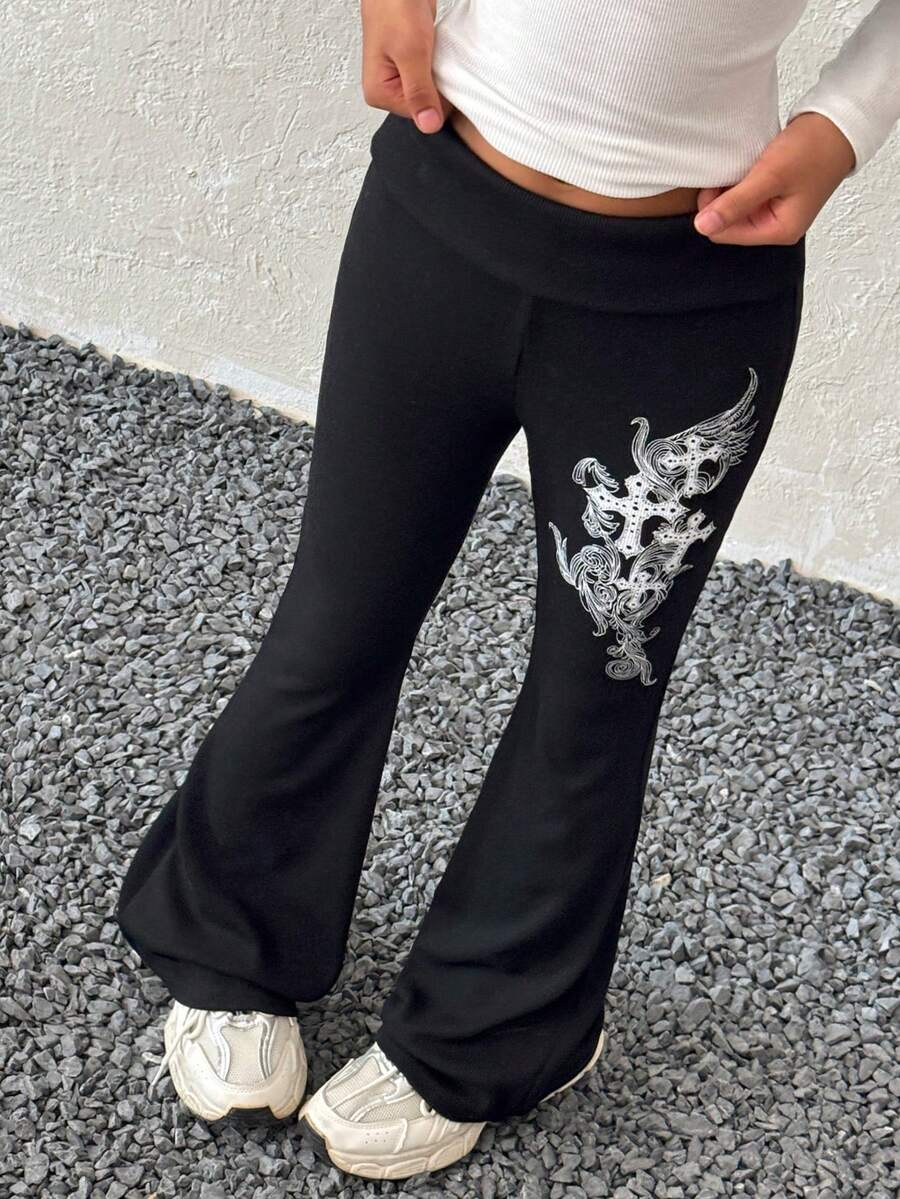 Coolane Kids Tween Girls Fall/Winter,Streetwear Daily Wear,Comfortable  Warm/ Cold Weather/ Thermal,Textured Knited Flare Leg Pants With High Waist Fold-Over Waistband, Clothes For New Year - Black - View 1