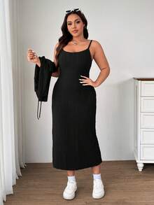 SHEIN EZwear 情人节加大码动漫风休闲粉色针织开衫连衣裙两件套，黑色 - 黑色 - 查看 6