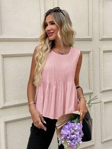 SHEIN LUNE Women's Casual Pleated Sleeveless White Cotton Blouse 100% Cotton Tops Pink Cotton Tops Summer Cotton Tops Cotton Sleeveless Tops Pink Summer Blouses Pink Tops Cotton Blouses Summer Tops Pink Summer Tops