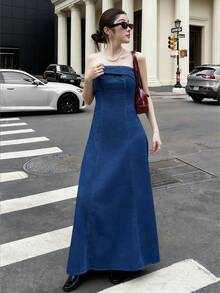 K-Vae 女士秋冬派对连衣裙牛仔抹胸连衣裙优雅收腰派对礼服新年装 - 中等水洗藍 - 查看 4