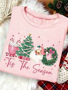 INAWLY Plus Size Women's Vintage Christmas Bow Pattern Round Neck T-Shirt, Women's Round Neck Short Sleeve Top Suitable For Holidays And Everyday Wear