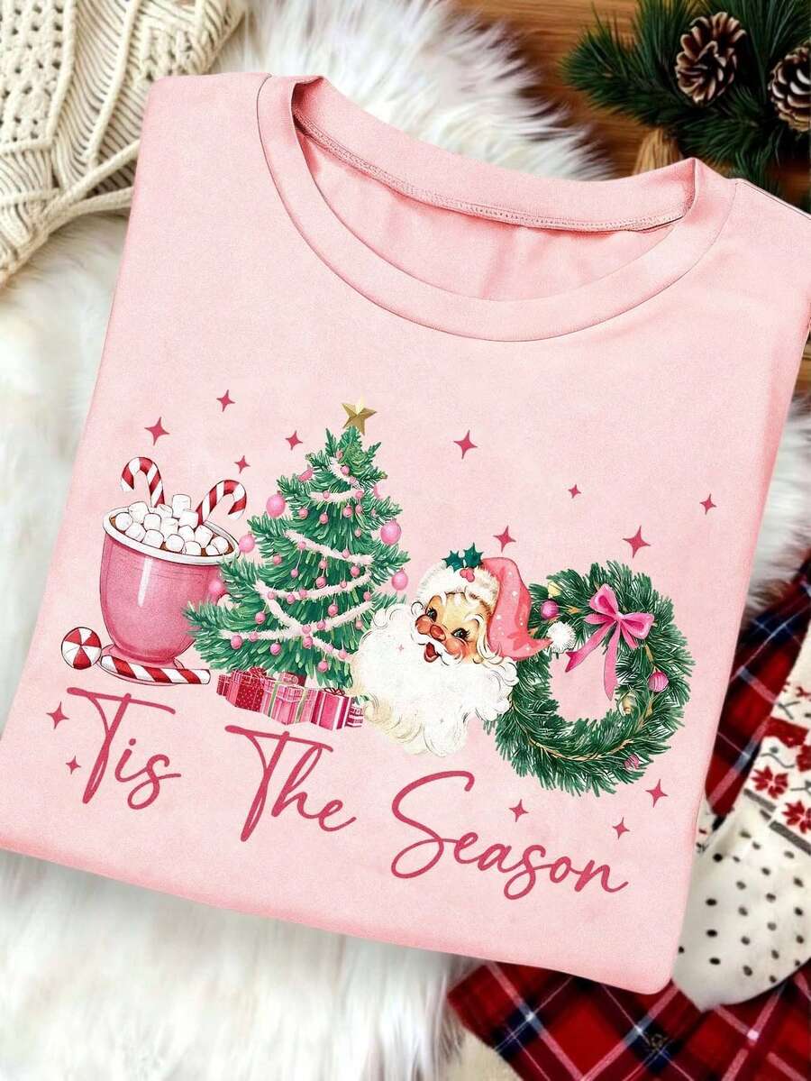 INAWLY Plus Size Women's Vintage Christmas Bow Pattern Round Neck T-Shirt, Women's Round Neck Short Sleeve Top Suitable For Holidays And Everyday Wear