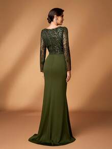 Serin Elegant Luxurious Beaded & Sequin Floral Embroidered Sheer Sleeve Twist Knot Fishtail Dress, Suitable For Weddings, Events, Bachelorette Parties, Vacations, Galas, Bridal & Mother Of The Bride Gowns - Army Green - View 4