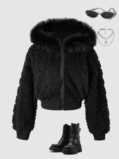 Sparklyn 1件女童时尚连帽外套，黑色爱心提花双面抓绒长袖拉链连帽衫，带毛领，短款外套，适合室内、室外、聚会、运动、通勤、春季、秋季、冬季穿着。