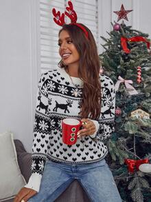 EMERY ROSE Women's Reindeer Pattern Drop Shoulder Sweater,White And Black,Autumn,Casual,Everyday Christmas Pullover Jumper,Winter Cute Tops For Woman - White - View 5
