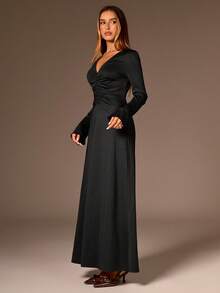 Avantive Vestido Elegante de Manga Longa com Decote em V e Pregas em Cor Sólida para Mulheres - Preto - Visão 4