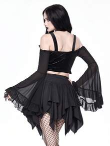 ROMWE Goth 神秘塔罗牌与星空刺绣露肩喇叭袖丝绒上衣 - 黑色 - 查看 5