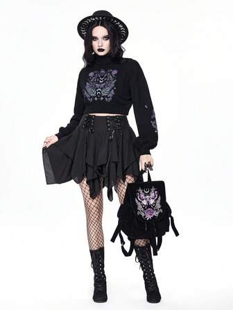 Goth Dunkelgrauer hochgeschlossener kurzer Pullover für Frauen, Vintage mysteriöser Schlangenhaut- & Schmetterlings-Jacquard Puffärmel Strickoberteil, Herbst/Winter