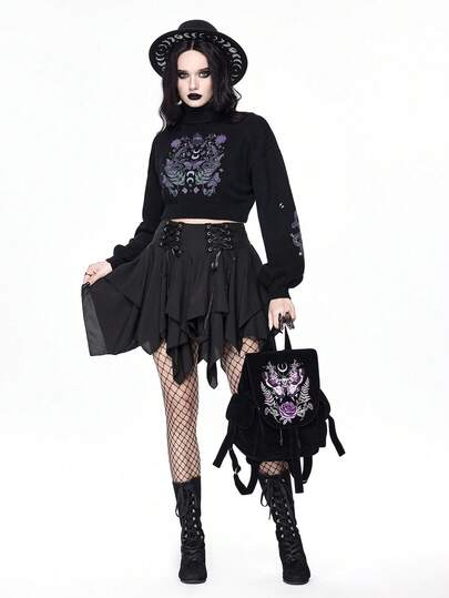 Goth كنزة صوفية قصيرة بياقة عالية للنساء، ملابس علوية محبوكة بأكمام منتفخة بطبعات جلد الثعبان والفراشة الغامضة والفينتاج، مناسبة للخريف والشتاء