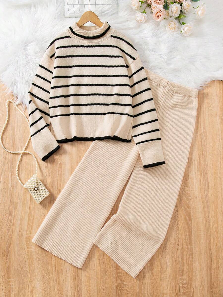 Teen GirlThick Striped Colorblock Knit Sweater & Leggings Set, Casual & Fashionable For Autumn/Winter - Khaki - View 1