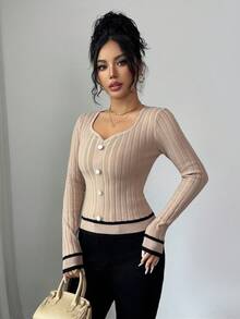 Elenzga Women's Striped Long Sleeve Button Design Fitted Sweater, Autumn/Winter - Camel - View 7