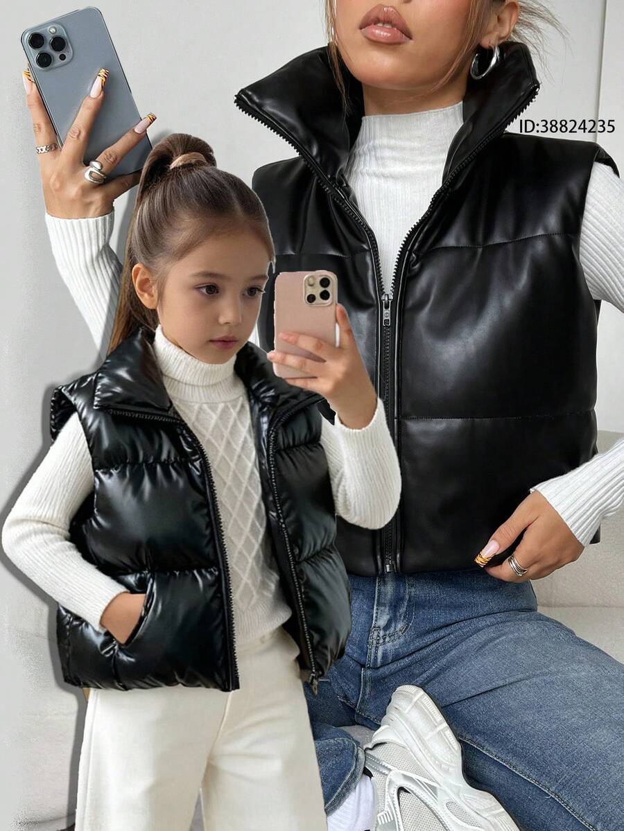 SHEIN Black Solid Color Casual Warm Thick Vest Jacket For Young Girls And Girls, Suitable For Autumn And Winter Wear. Matching Parent-Child Vest Jacket, Thick Jacket, Fashionable And Cutting-Edge Design, Suitable For Both Indoor And Outdoor Wear. Simple Style, Suitable For Everyday Wear, Sports, Play, Parties, Photo Shoots, Vacations, And Holidays.