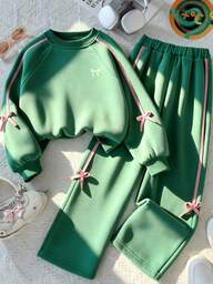 Sparklyn Tween Girl Sweatshirt Set, Long Sleeve Green Ribbed Cuffs, Hem, Collar, Side Ribbon Bow, Knit Waist Pants With Pink Side Ribbon, Suitable For Autumn/Winter Outings, Shopping, Vacation, Commuting, Can Be Paired With Coats, Jackets