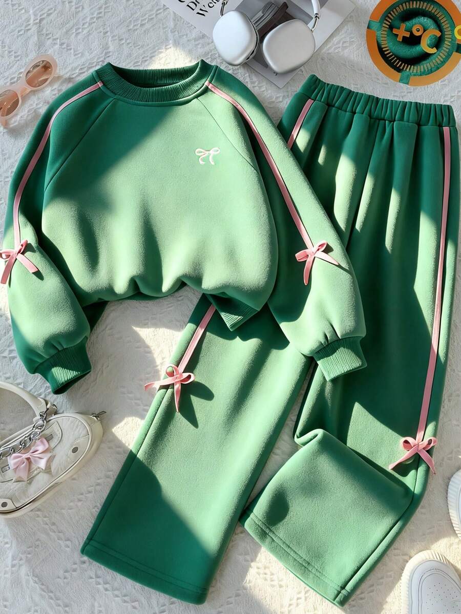 SHEIN Tween Girls 2pcs/Set Round Neck Sweatshirt Set,Green And Pink,Autumn,Cute,School,Back-To-School Long Sleeve Ribbed Knit Pants With Side Ribbon Bow - Green - View 1