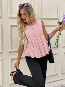 SHEIN LUNE Women's Casual Pleated Sleeveless White Cotton Blouse 100% Cotton Tops Pink Cotton Tops Summer Cotton Tops Cotton Sleeveless Tops Pink Summer Blouses Pink Tops Cotton Blouses Summer Tops Pink Summer Tops