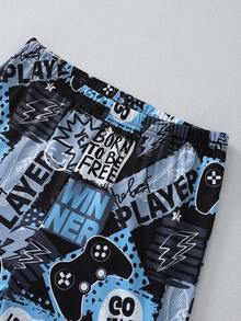 2 件青少年男孩游戏机印花针织弹力面料舒适柔软圆领长袖上衣和裤子家居服套装 - 彩色 - 查看 6