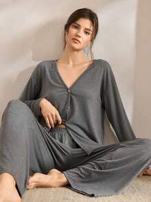 Ocili Minimalist Comfortable Collarless Soft Women Lounge Set, Winter Clothes - Grey - View 8