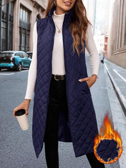 SHEIN Clasi Chaleco acolchado sin mangas de longitud media con bolsillos en diagonal y acolchado en forma de diamante para otoño/invierno