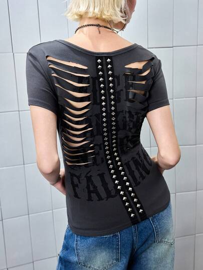 Grunge Punk Kpop Cross & Letter Print Off-Shoulder Long Sleeve T-Shirt For Women, Romantic Punk Style