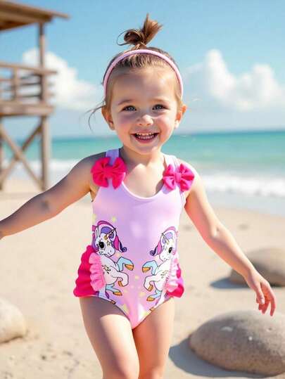Baby Girl Unicorn Print Volanger Trim One-Piece Baddräkt