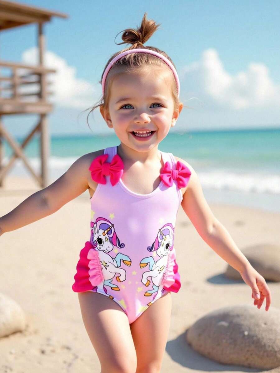 Baby Girl Unicorn Print Volanger Trim One-Piece Baddräkt - Rosa - Visa 1
