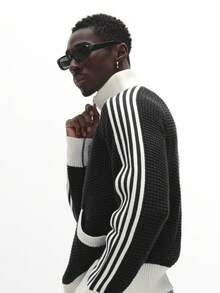 SUMWON Regular Fit High Neck Knitted Zip Through Cardigan With Tape Detail For Winter Fall - Black - View 4