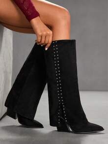 CUCCOO SZL Botas altas de mujer con puntera puntiaguda y tachuelas de moda - Negro - Ver 6