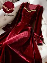 GlowEve Women's Velvet Crew Neck Gold Embroidered Waist Fitted A-Line Elegant Everyday Commute Fashion French Street Vintage Versatile Christmas Party New Year Holiday Business Formal Long Sleeve Dress, Burgundy, Autumn/Winter