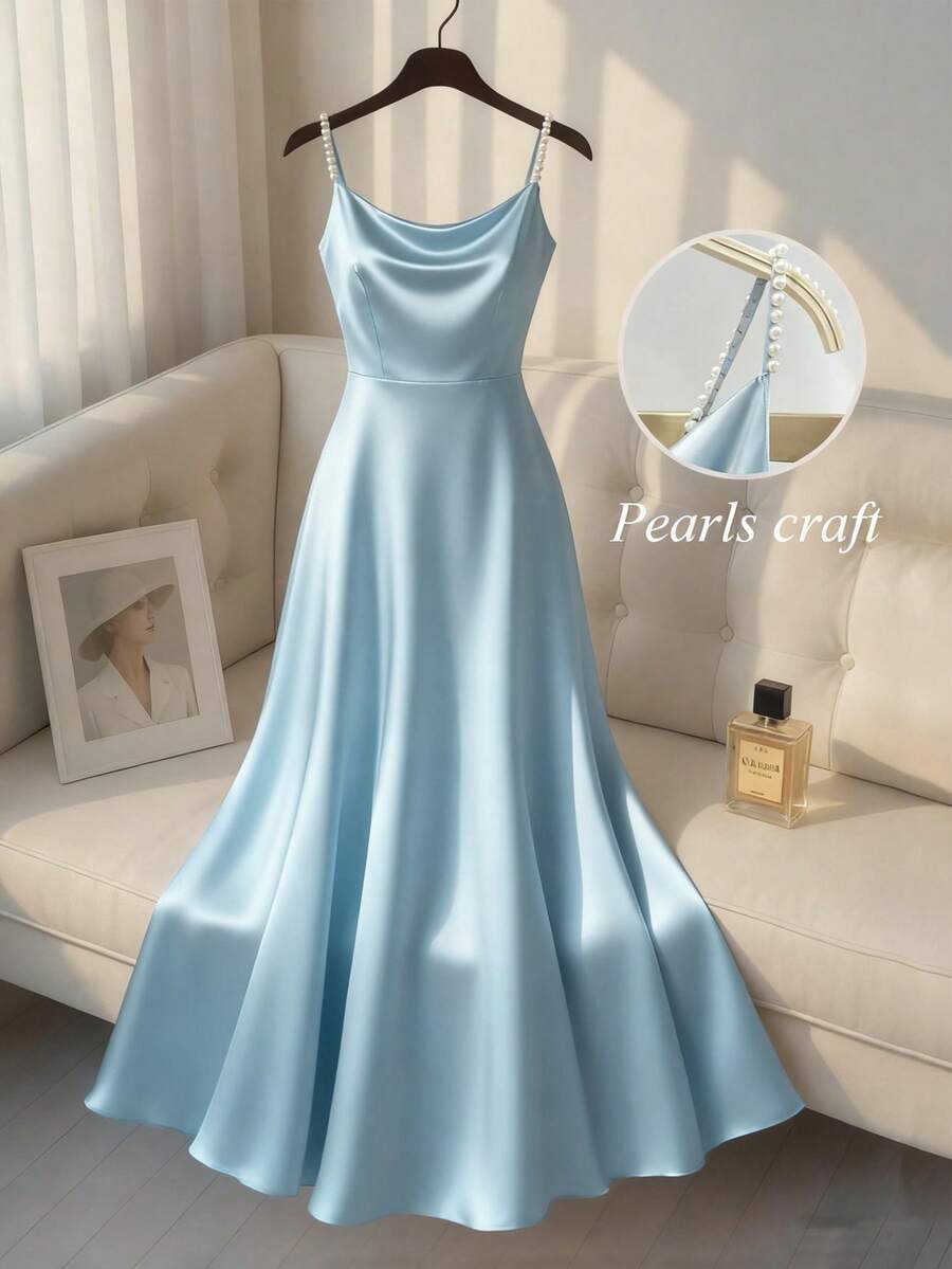 SHEIN Franclia Women's Elegant Satin Pearl Slip Dress, Shiny Fabric, Suitable For Commute, Party, And Events