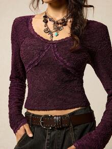 SoleilVie Women's Dark Purple Vintage Elegant Lace Top,Autumn Long-Sleeved Round Neck Jacquard Slim-Fit T-Shirt,Retro Patchwork Date Top For Christmas Holiday - Purple - View 3