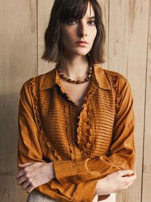 Zanirela 女士梭织棉质纹理面料荷叶边褶饰装饰纽扣休闲通勤常规衬衫 - 薑色 - 查看 9