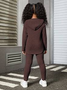 Camiseta con capucha de hombros caídos y parche con eslogan y leggings - Marrón - Ver 2