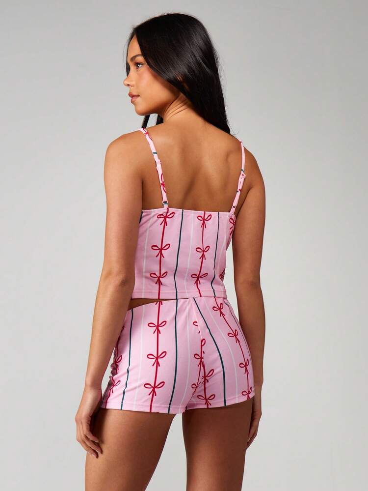 MISSGUIDED Bow Print Camisole Christmas Pajama Set For Women - Sleepwear Lounge Shorts And Top Nightwear Comfortable Sleep Set
