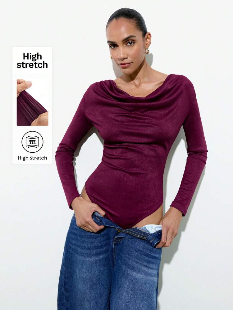 SHEIN Maija Plum Red Draped Neck Ribbed Glitter Ribbed Long Sleeve Slim Fit Bodysuit, Modern Urban Style For Women, Autumn Thanksgiving Outfit For Women Christmas Clothes Women Tops Elegant Cowl Neck Top Dark Purple Top Wrap Tops For Women Women Long Sleeve Tops Elegant Blouses For Women