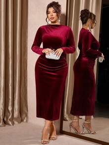 Cravure Plus Size Women Elegant Velvet Ruched Bodycon Dress - Burgundy - View 9