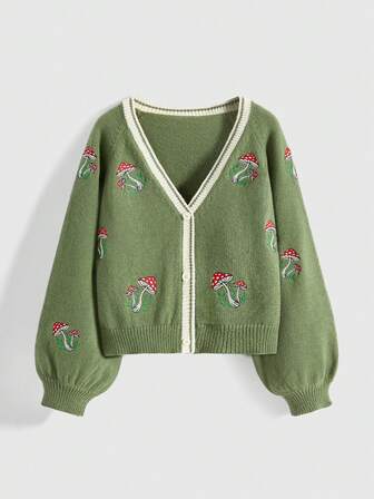 Fairycore Cárdigan de punto de manga larga con bordado de setas, de estilo casual para mujer