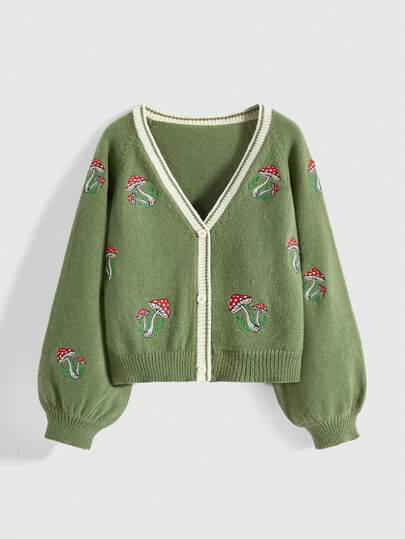 Fairycore Women's Fashion Casual Mushroom Embroidery Long Sleeve Cardigan Sweater