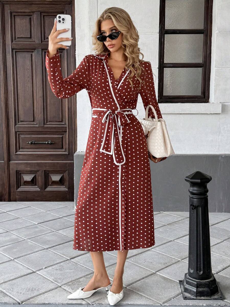 SHEIN PariChic Váy dài tay chấm bi cho nữ, mùa thu - Màu Đỏ Sâu - Xem 1