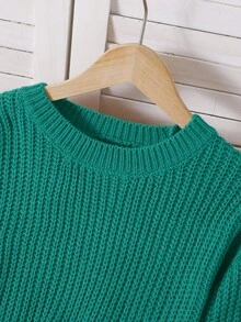SHEIN 女童纯色简约日常穿搭短款圆领长袖套头衫 - 綠色 - 查看 3